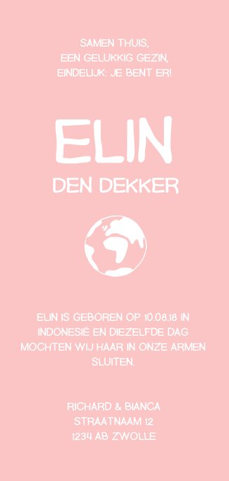 Geboortekaartje wereldbol, schommel en silhouet meisje Achterkant