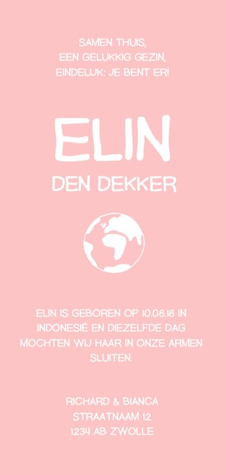Geboortekaartje wereldbol, schommel en silhouet meisje Achterkant