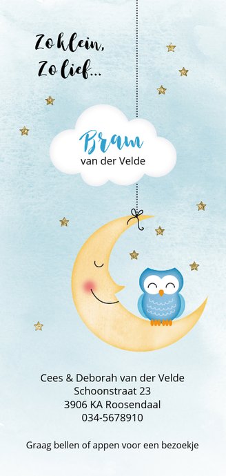 Geboortekaartje zoon uiltje op maantje Achterkant