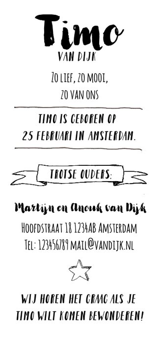 Geboortekaartje zwartwit icoontjes en foto Achterkant