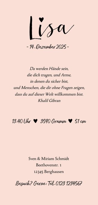 Geburtskarte Herzchen und Konfetti rosa Rückseite