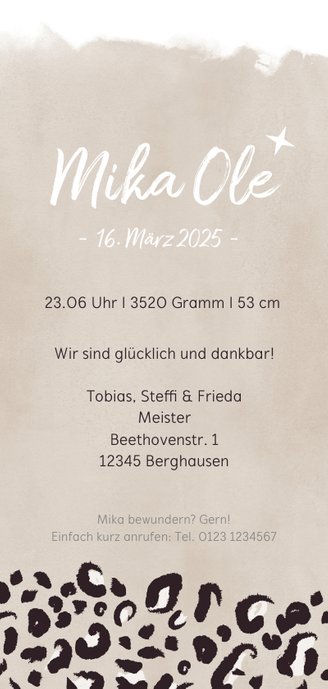 Geburtskarte Leopardenmuster beige Rückseite