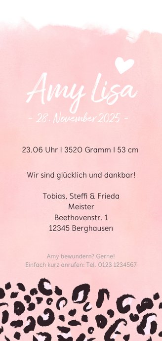 Geburtskarte Leopardenmuster rosé Rückseite