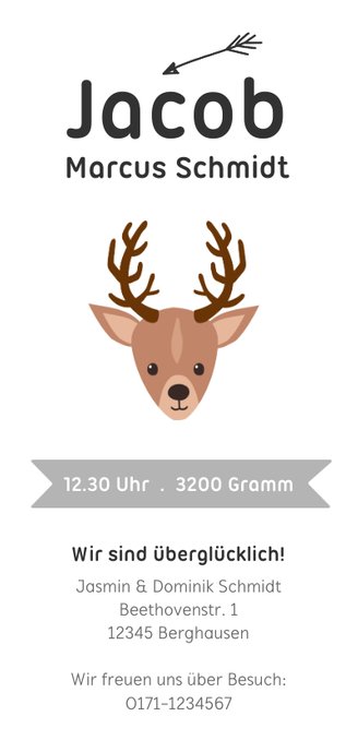 Geburtskarte mit Rentier Winter Rückseite