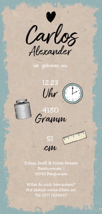 Geburtskarte Oldtimer mit Herz Rückseite