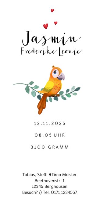Geburtskarte Papagei Bruder/Schwester Rückseite