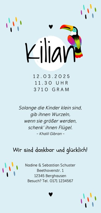 Geburtskarte Tukan tropisch blau Rückseite