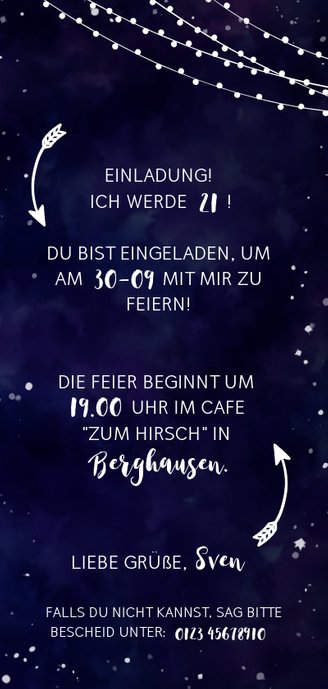 Geburtstagseinladung dunkelblau mit Lichtern und Foto Rückseite