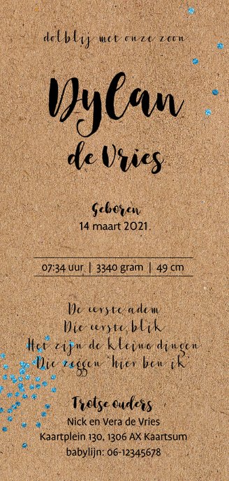 Glamour geboortekaartje hart - jongen Achterkant