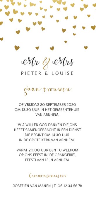 Gouden hartjes trouwkaart Achterkant