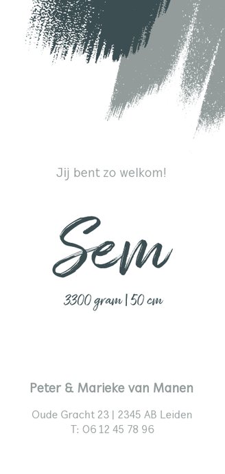 Hip staand geboortekaartje met blauwe en grijze brushes Achterkant