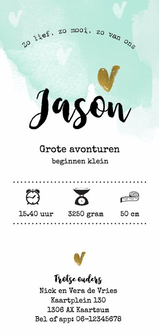 Hip watercolor geboortekaartje jongen Achterkant