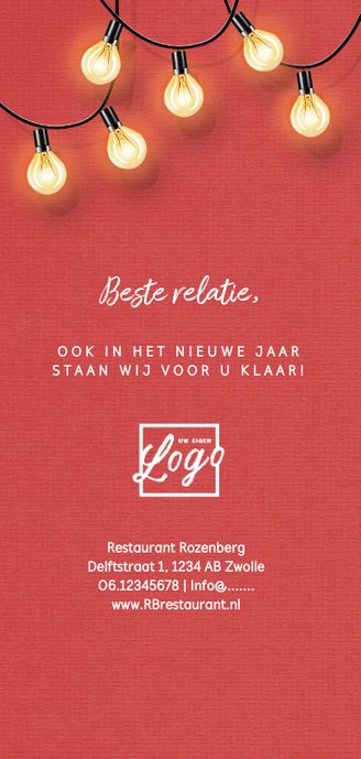 Hippe kerst en nieuwjaarskaart met lampjes en bedrijfsfoto Achterkant