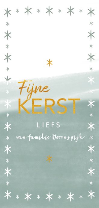 Hippe kerstkaart met gouden letters, foto en sterren Achterkant