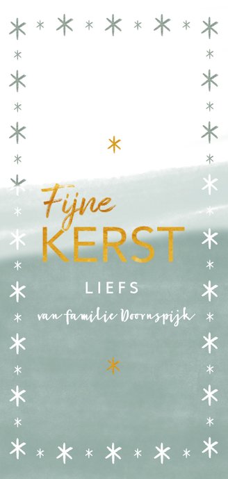 Hippe kerstkaart met gouden letters, foto en sterren Achterkant