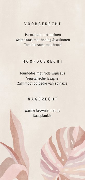 Hippe menukaart botanische bladeren neutrale kleuren Achterkant