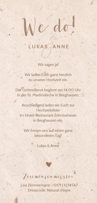 Hochzeitseinladung natürlicher Look mit Tauben Rückseite