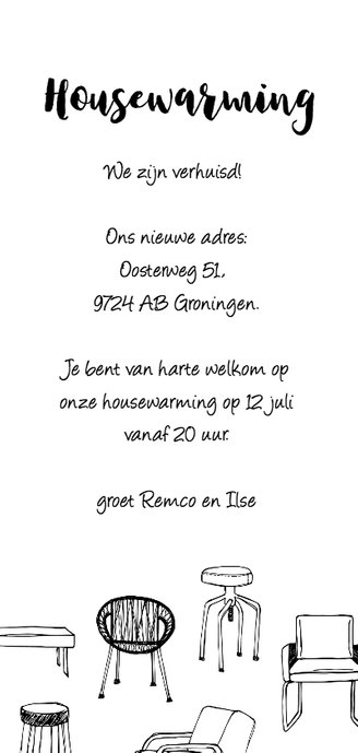 Housewarming uitnodiging hippe meubels Achterkant