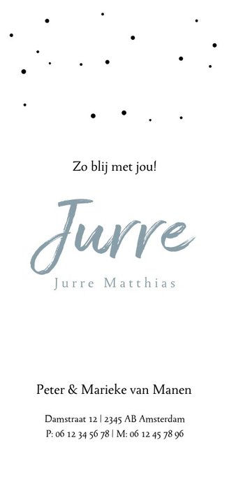 Jeansblauw geboortekaartje met witte stipjes Achterkant