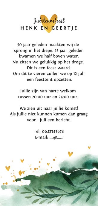 Jubileum uitnodiging 50 jaar groen waterverf en goud Achterkant
