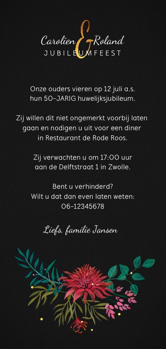 Jubileum uitnodiging 50 jaar met handgeschilderde bloemen Achterkant