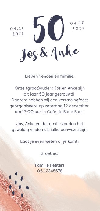 Jubileum uitnodiging abstract met hippe kleuren en foto Achterkant