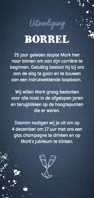 Jubileum uitnodiging met foto, touw en spetters Achterkant