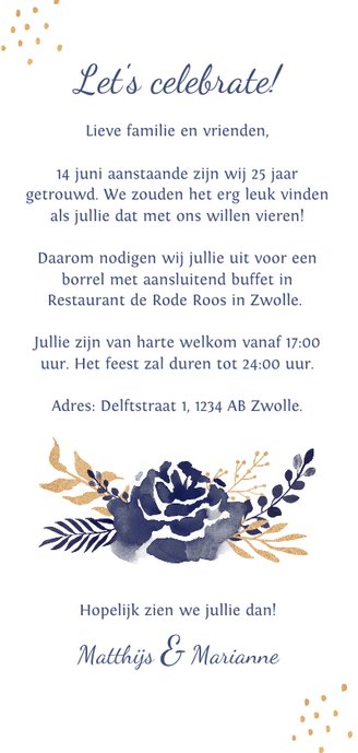 Jubileum uitnodiging met waterverf en goudlook bloemen Achterkant
