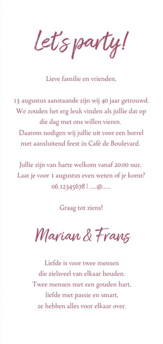 Jubileum uitnodiging rood met kant, label en eigen foto 3