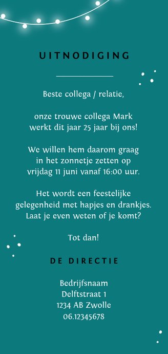 Jubileum werk uitnodiging feestelijk x jaar in dienst Achterkant