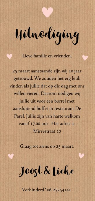 Jubileumkaart 10 jaar fotocollage kraft roze hartjes Achterkant