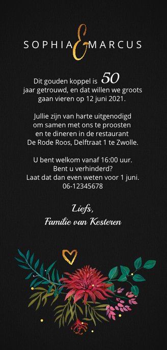 Jubileumkaart 50 jaar getrouwd dark floral bohemian met goud Achterkant