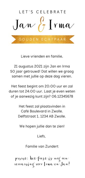 Jubileumkaart 50 jaar getrouwd met confetti en eigen foto Achterkant