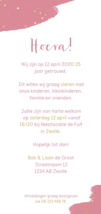 Jubileumkaart gouden spetters en verflook Achterkant