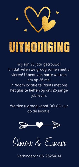 Jubileumkaart hartjes goud blauw Achterkant