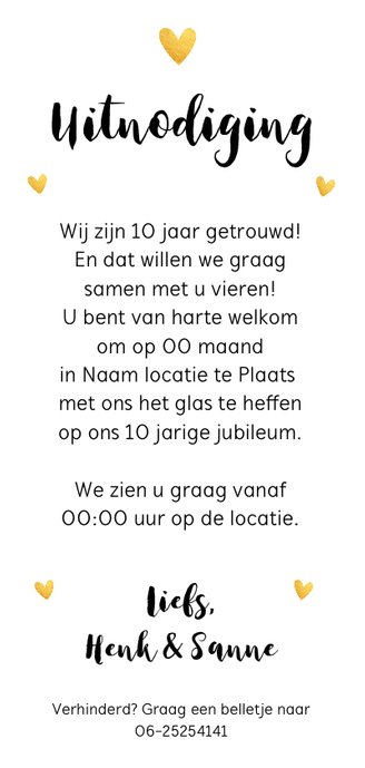 Jubileumkaart huwelijk 10 jaar goud fotocollage Achterkant