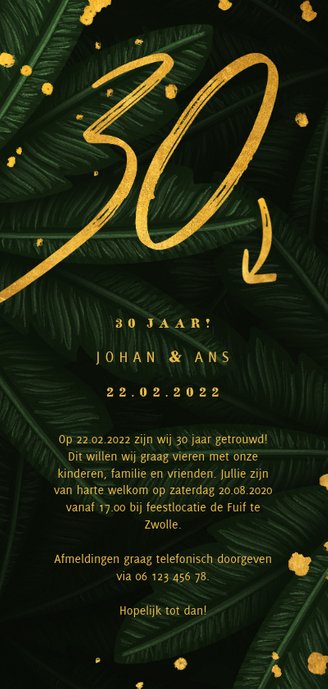 Jubileumkaart jungle bladeren met gouden '35' en foto Achterkant