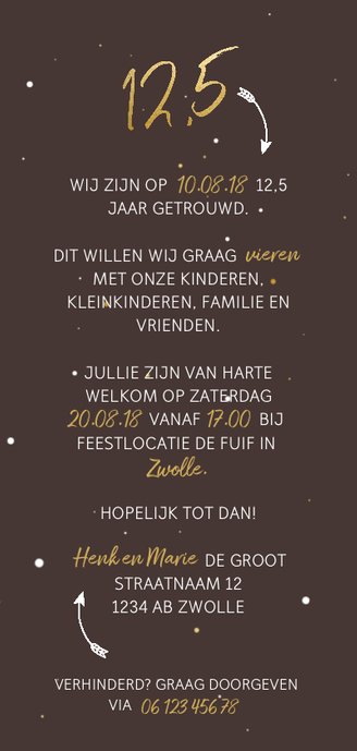 Jubileumkaart langwerpig met gouden 12,5 en foto Achterkant