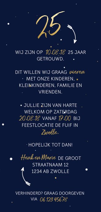 Jubileumkaart langwerpig met gouden 25 en foto Achterkant