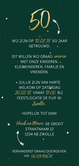 Jubileumkaart langwerpig met gouden 50 en foto Achterkant