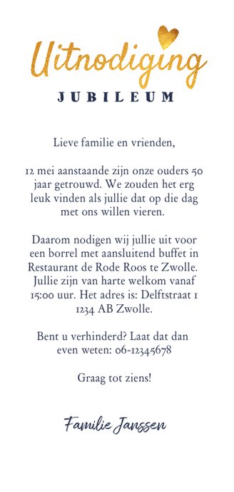 Jubileumkaart uitnodiging stijlvol en hip met eigen foto Achterkant