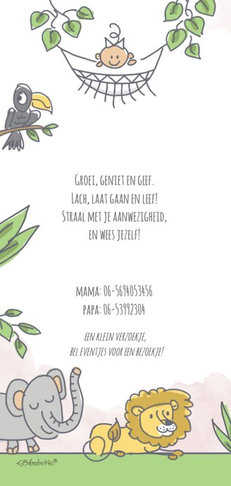 Jungle geboortekaartje met meisje in hangmat en wilde dieren 2