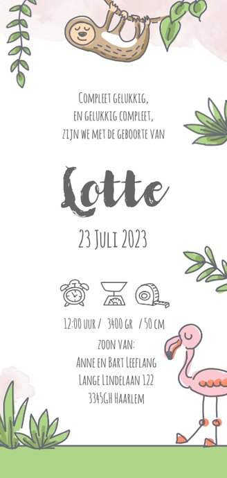 Jungle geboortekaartje met meisje in hangmat en wilde dieren 3