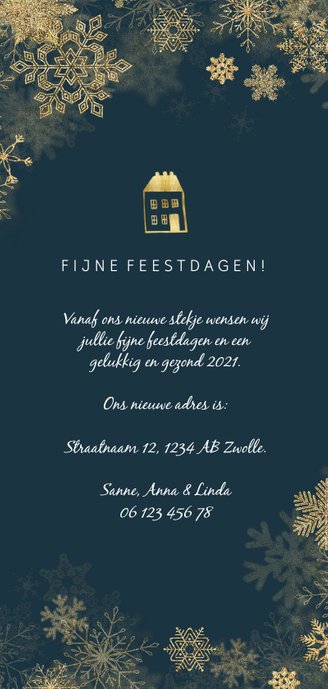 Kerst-verhuiskaart met gouden accenten en foto's Achterkant