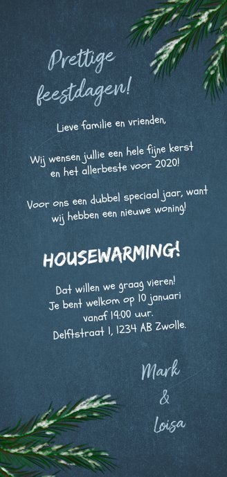 Kerst verhuiskaart met lampjes, dennentakjes en foto Achterkant
