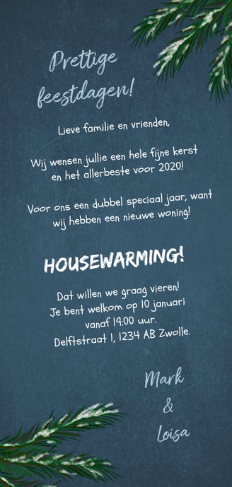 Kerst verhuiskaart met lampjes, dennentakjes en foto Achterkant