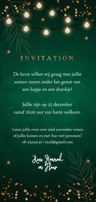 Kerstborrel uitnodiging donkergroen koper Achterkant