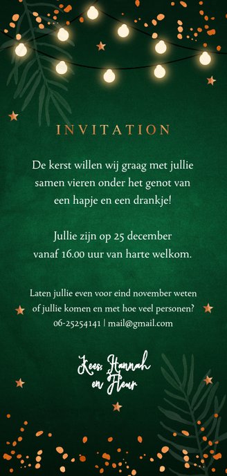Kerstborrel uitnodiging donkergroen koper Achterkant