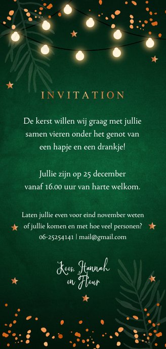 Kerstborrel uitnodiging donkergroen koper Achterkant