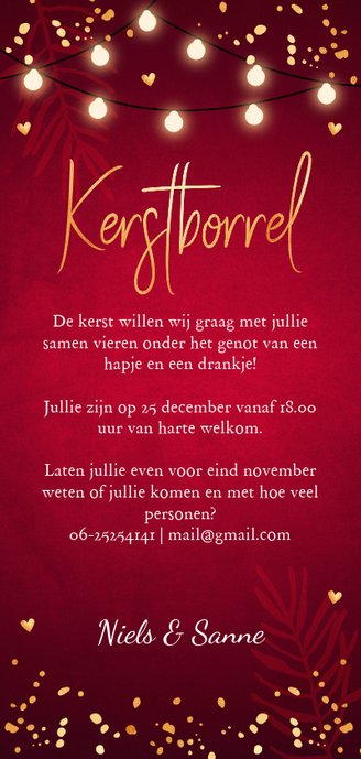 Kerstborrel uitnodiging rood confetti goudlook Achterkant
